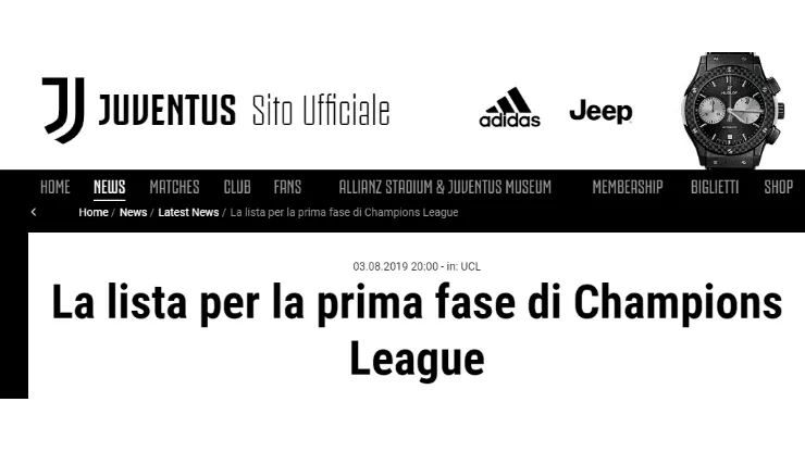 La Juventus presentó su lista para la fase de grupos de la Champions League