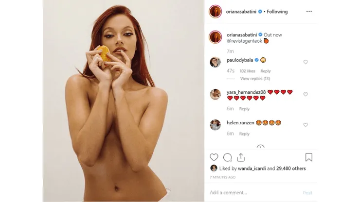 Bueno, chau: Oriana Sabatini subió una foto sin nada de ropa y Dybala se la comentó con un emoji