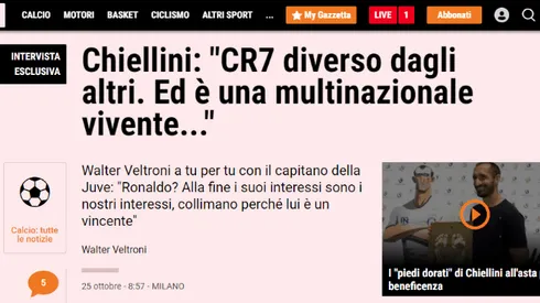 Chiellini, sobre Cristiano Ronaldo: "En el campo de juego es una hiena"