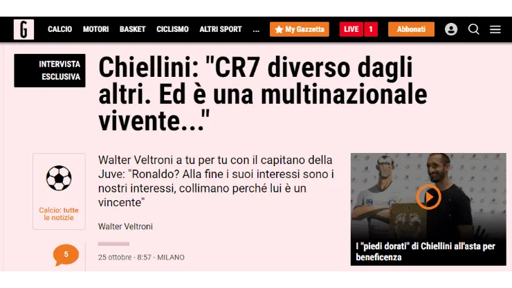 Chiellini, sobre Cristiano Ronaldo: "En el campo de juego es una hiena"