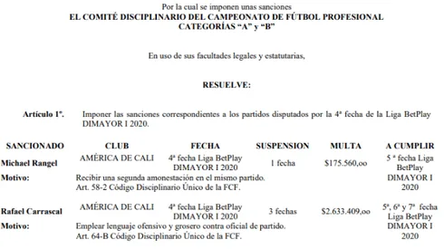 Dimayor oficializó sanciones contra Michael Rangel y Rafael Carrascal