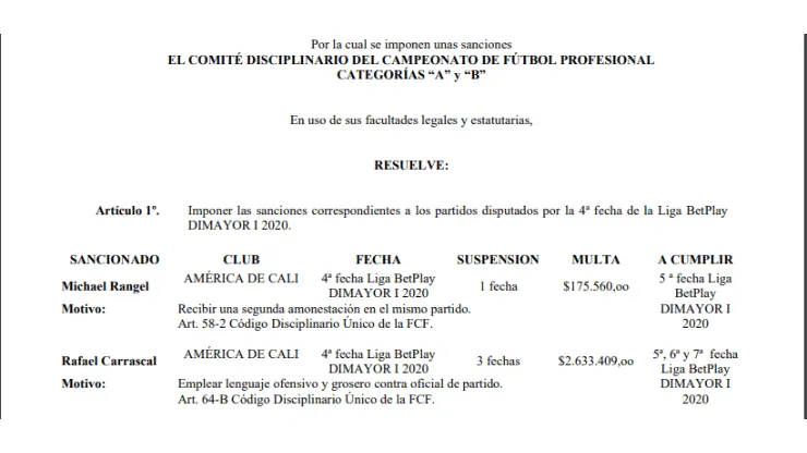 Dimayor oficializó sanciones contra Michael Rangel y Rafael Carrascal