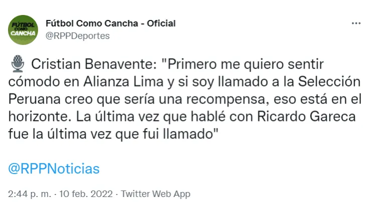 Cristian Benavente confía en sobresalir en Alianza Lima para volver a la Selección Peruana