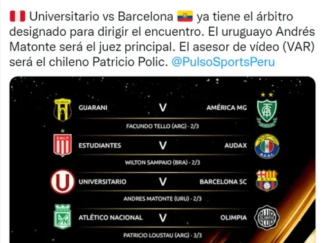 Terna arbitral confirmada para el Universitario vs. Barcelona por la Conmebol Libertadores
