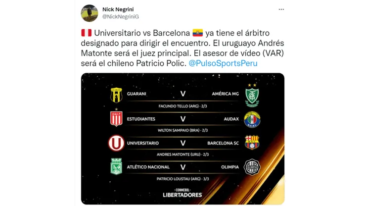 Terna arbitral confirmada para el Universitario vs. Barcelona por la Conmebol Libertadores