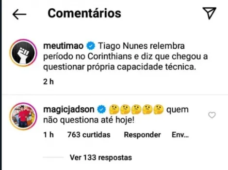 "Quem não..."; Jadson ironiza Tiago Nunes por 'climão' no Corinthians