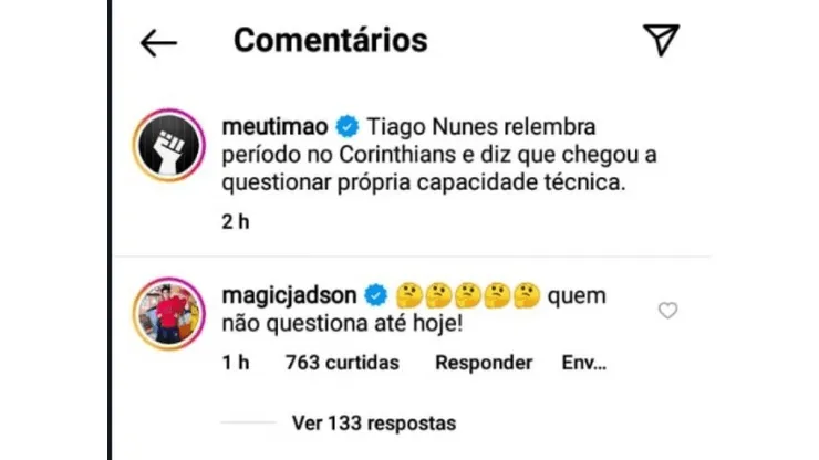 "Quem não..."; Jadson ironiza Tiago Nunes por 'climão' no Corinthians