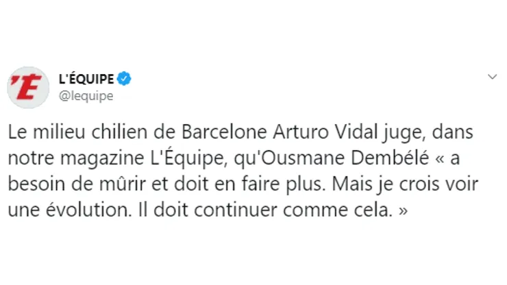 Arturo Vidal, sobre Ousmane Dembélé: "Tiene que madurar"