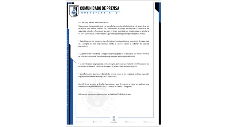Oficial: las medidas de Querétaro luego de la sanción