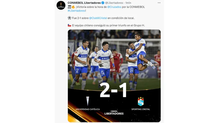 Sporting Cristal cayó 2-1 ante Universidad Católica por la Conmebol Libertadores