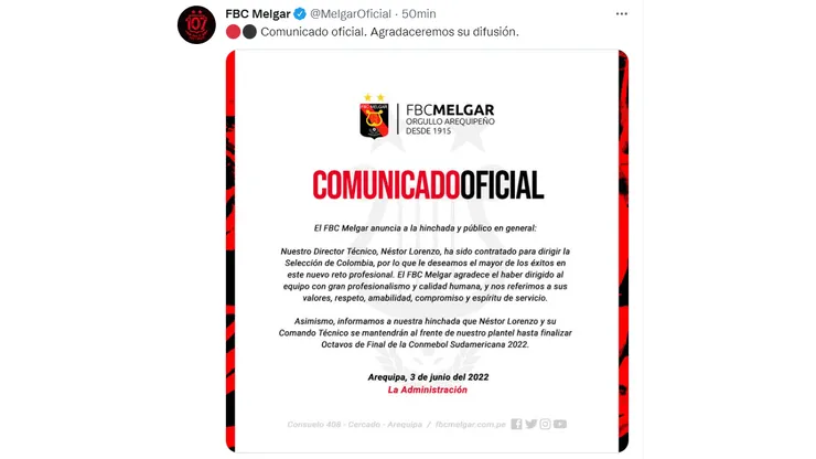 FBC Melgar confirmó hasta cuando se queda Nestor Lorenzo en el banquillo
