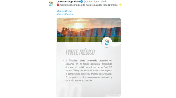 Sporting Cristal confirmó la baja de un jugador para el duelo ante FBC Melgar