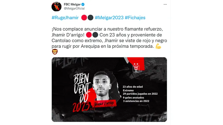 Jhamir D'Arrigo sorprende al fichar por Melgar FBC para este 2023