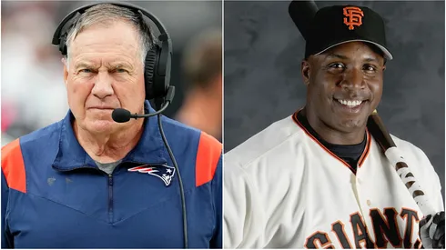 Bill Belichick of the New England Patriots looks on during the first quarter against the Las Vegas Raiders in 2023 — Barry Bonds #25 of the San Francisco Giants poses for a photo on March 16, 2004.