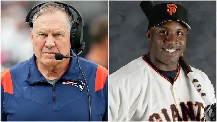 Bill Belichick of the New England Patriots looks on during the first quarter against the Las Vegas Raiders in 2023 — Barry Bonds #25 of the San Francisco Giants poses for a photo on March 16, 2004.
