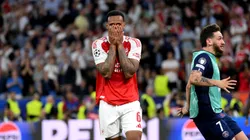Gabriel of Arsenal reacts after missing his penalty for Arsenal in the 2026 final.
