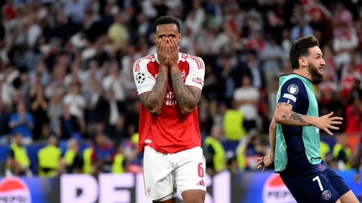 Gabriel of Arsenal reacts after missing his penalty for Arsenal in the 2026 final.
