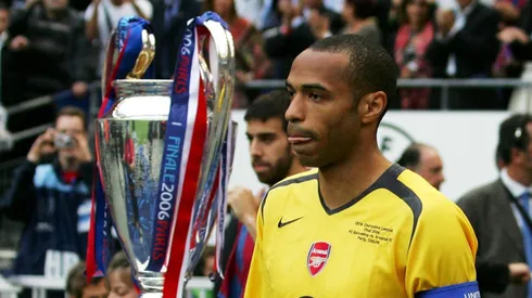 Thierry Henry of Arsenal leads out Jens Lehmann and the rest of the Arsenal team before the UEFA Champions League Final between Arsenal and Barcelona at the Stade de France on May 17, 2006 in Paris, France.