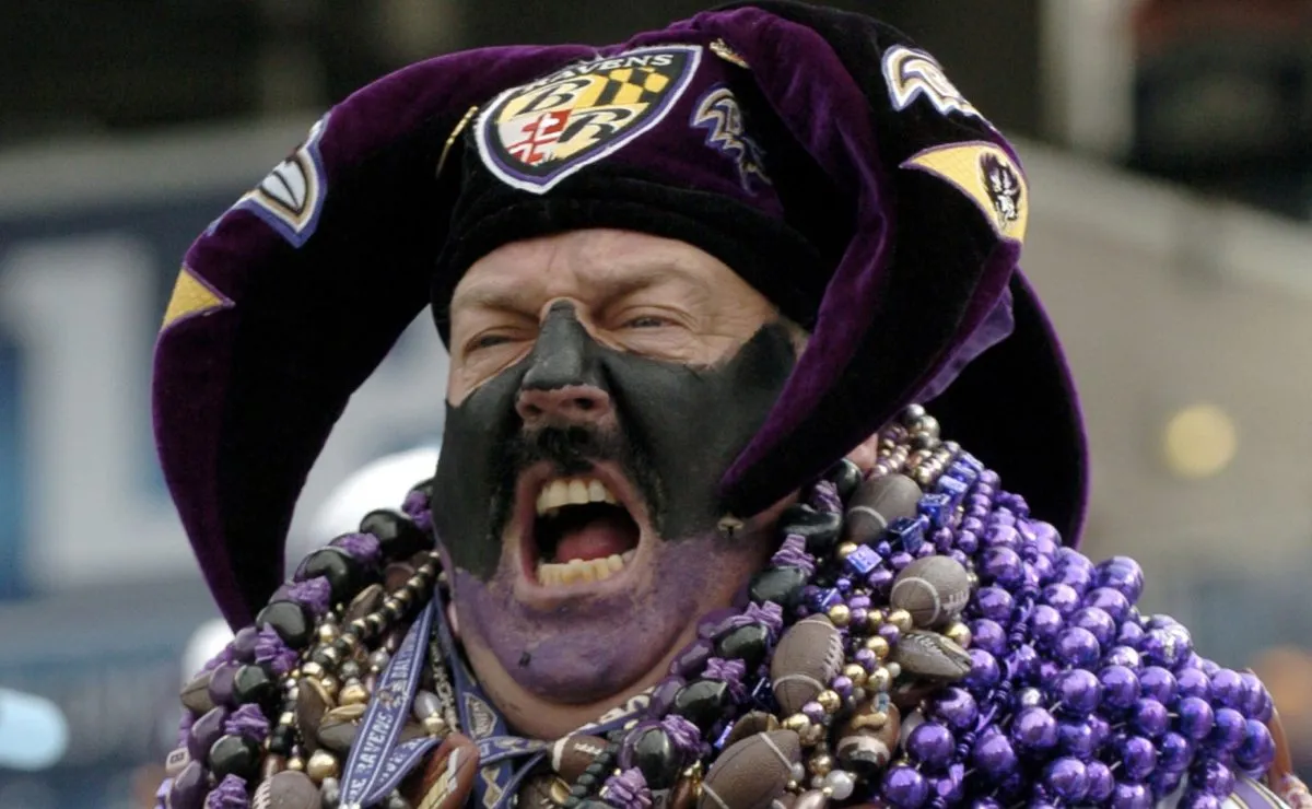 A Ravens fan cheers during 2nd half action versus Tennessee in 2006. (Source: Joe Murphy/NFLPhotoLibrary)