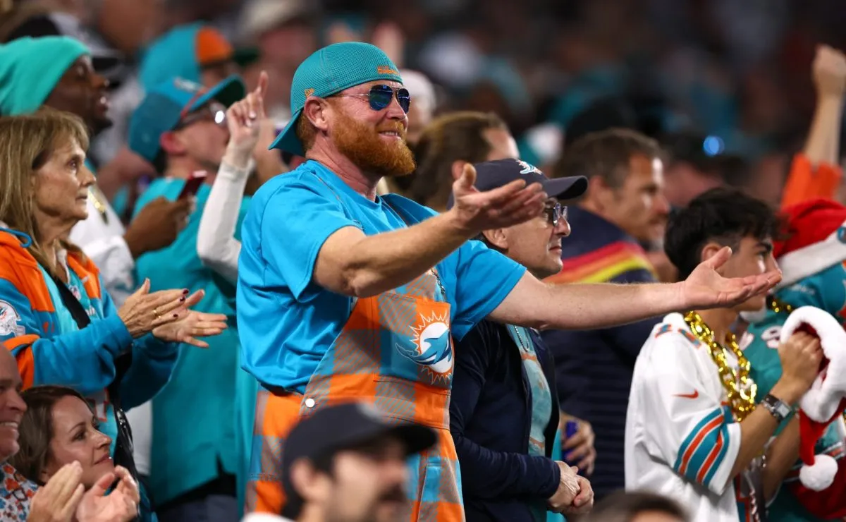 Miami Dolphins fans are seen during the game between Miami Dolphins and Tennessee Titans in 2023. (Source: Megan Briggs/Getty Images)