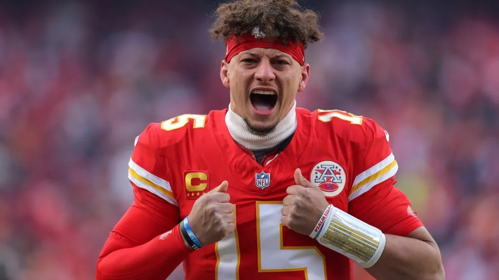 Patrick Mahomes #15 of the Kansas City Chiefs reacts prior to the AFC Divisional Playoff against the Houston Texans on January 18, 2025. (Source: David Eulitt/Getty Images)