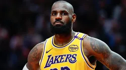 LeBron James #23 of the Los Angeles Lakers looks on during the second quarter against the Portland Trail Blazers at Moda Center on February 20, 2025.