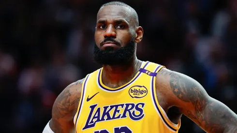 LeBron James #23 of the Los Angeles Lakers looks on during the second quarter against the Portland Trail Blazers at Moda Center on February 20, 2025.