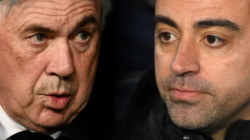 Carlo Ancelotti of Real Madrid and Xavi Hernandez of Barcelona