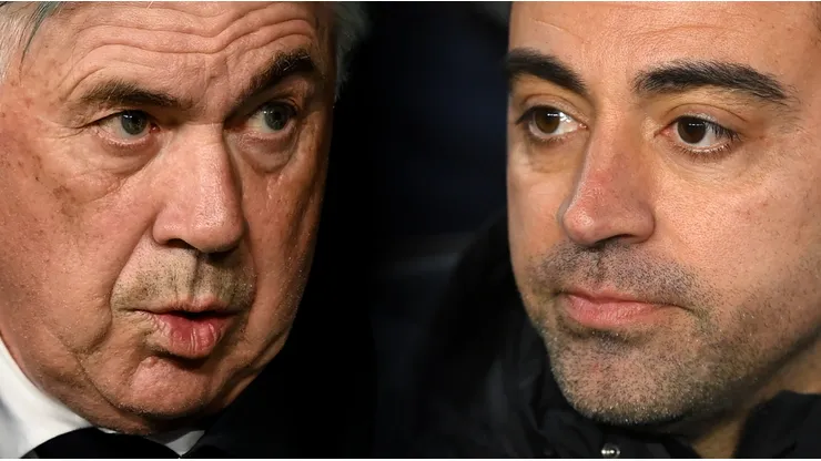 Carlo Ancelotti of Real Madrid and Xavi Hernandez of Barcelona