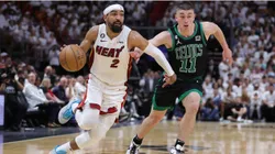 Gabe Vincent #2 of the Miami Heat drives against Payton Pritchard #11 of the Boston Celtics
