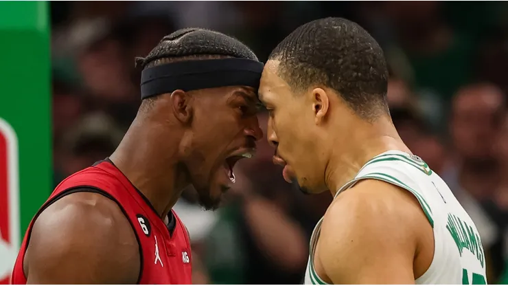 Jimmy Butler exchanges words with Grant Williams during Game 2 of the Eastern Conference Finals