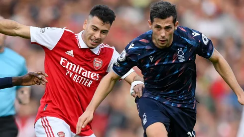 Gabriel Martinelli of Arsenal and Remo Freuler of Nottingham Forest