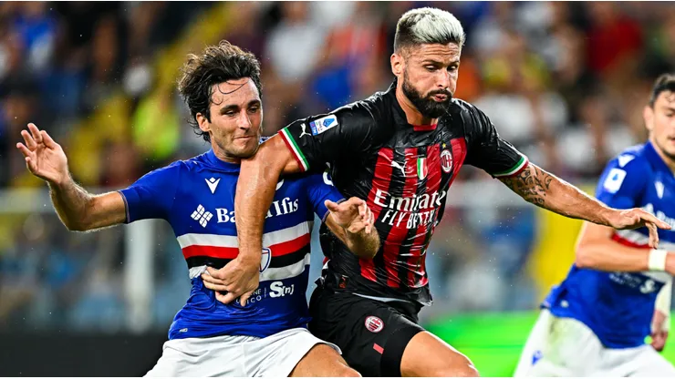 Tommaso Augello of Sampdoria and Olivier Giroud of Milan