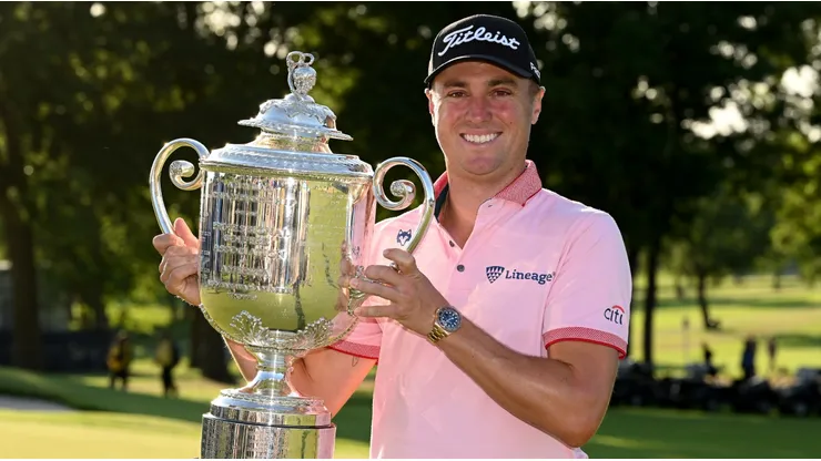 Justin Thomas with the Wanamaker Trophy after winning the 2022 PGA Championship at Southern Hills