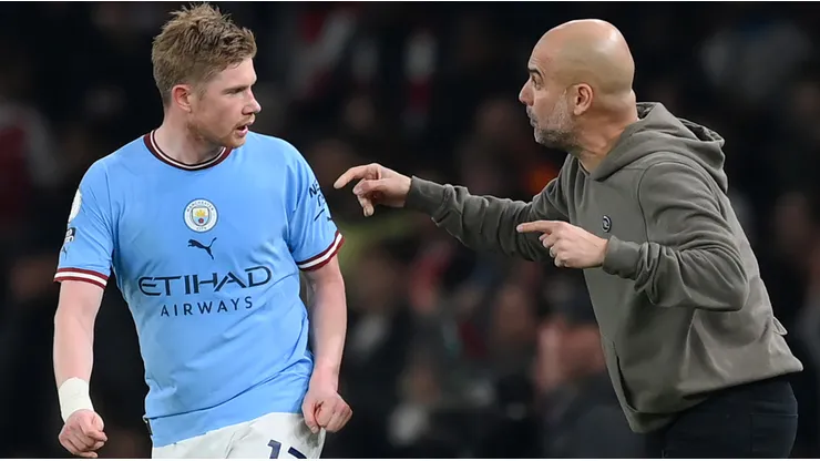 Kevin De Bruyne and Pep Guardiola of Manchester City