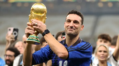 Lionel Scaloni coach of Argentina with the World Cup trophy at Lusail Stadium in Qatar