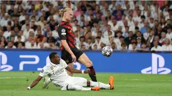 Erling Haaland of Manchester City shot is stopped by David Alaba of Real Madrid
