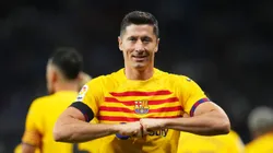 Robert Lewandowski celebrates a goal during Barcelona's victory against Espanyol to win the 2022-2023 La Liga.