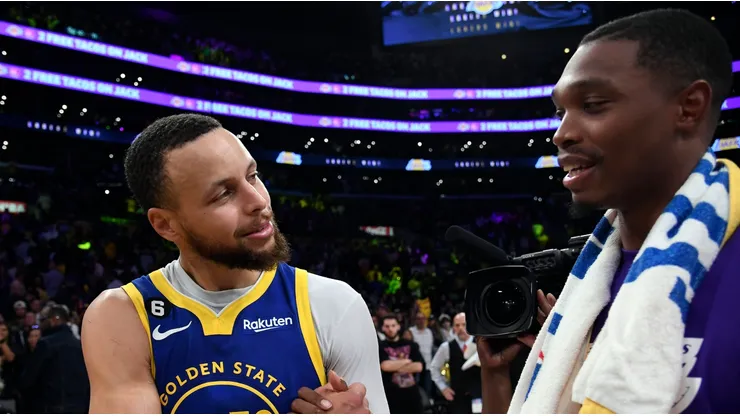 Stephen Curry and Lonnie Walker after Game 6 of the Western Conference semifinals