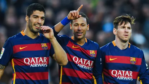 Luis Suarez, Neymar and Lionel Messi playing for FC Barcelona