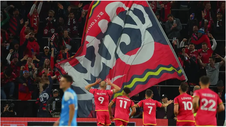 Klauss #9 of St. Louis City celebrates his goal