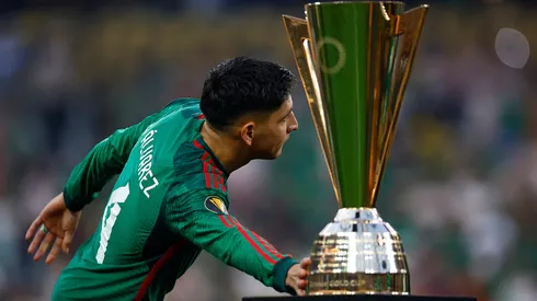 Edson Alvarez #4 of Mexico with the Concacaf Gold Cup trophy after the final match between Mexico and Panama at SoFi Stadium on July 16, 2023.