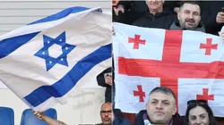 A fan of Israel waves a flag (L) and Fans of SSC Napoli with flag of Georgia (R)