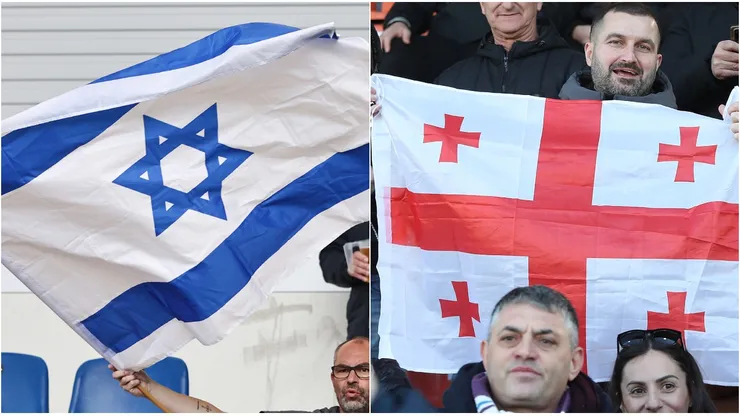 A fan of Israel waves a flag (L) and Fans of SSC Napoli with flag of Georgia (R)