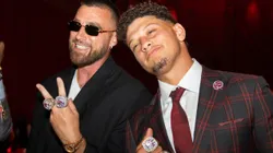 Kelce and Mahomes showing their Super Bowl rings