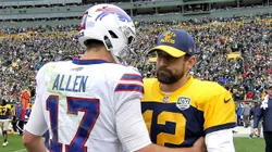 Josh Allen (left, Buffalo Bills) greeting Aaron Rodgers (right, Green Bay Packers) after their NFL 2018 matchup