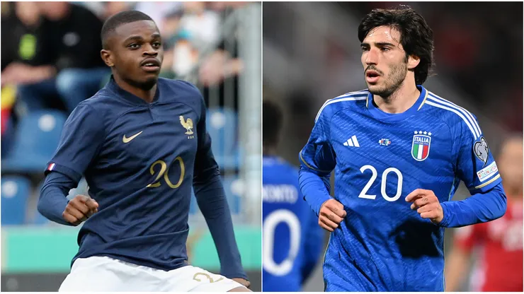 Pierre Kalulu of France U21 and Sandro Tonali of Italy U21