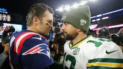 Tom Brady with Aaron Rodgers after an NFL 2018 game between the New England Patriots and the Green Bay Packers