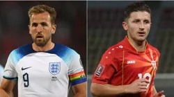 Harry Kane of England and Enis Bardhi of North Macedonia