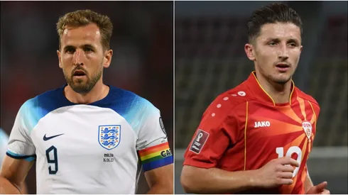 Harry Kane of England and Enis Bardhi of North Macedonia